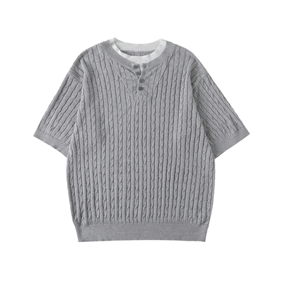 LR MADE 26SS 细坑条绞花 慵懒老钱 假两件亨利领针织衫短袖T恤