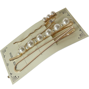 韩国进口 手工四件套 珍珠串珠 水钻金色边夹一字夹  一套入