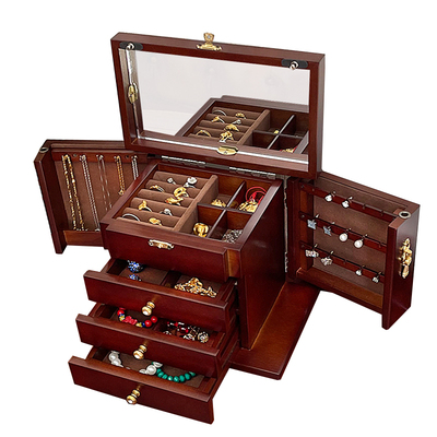 带锁首饰盒实木质复古中式首饰盒收纳盒带镜梳妆盒大容量结婚礼物