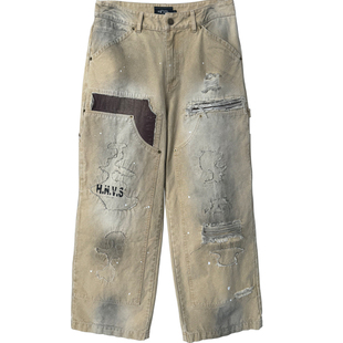Human Voices水洗脏染破坏补丁刺绣泼墨伐木裤宽松直筒休闲长裤