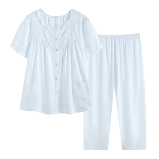 罗丝美16069纯棉贡缎圆领镶蕾丝短袖长裤女夏薄款家居服睡衣套装