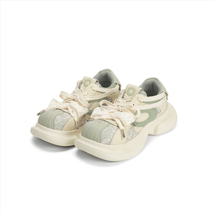 Ouder 休闲乐福鞋女厚底增高老爹鞋春新款方头蕾丝松糕方糖大头鞋