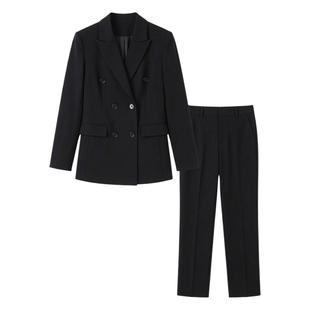 黑色双排扣直筒裤春西装套装女公务员银行面试商务正装前台工作服