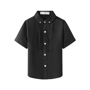 男童短袖白衬衫褶皱儿童夏季中大童钢琴表演服六一小学生白色衬衣