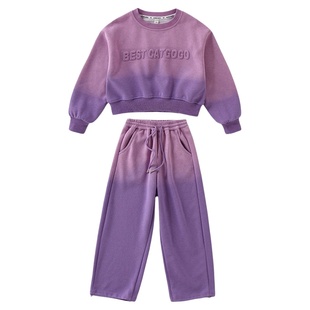女童套装春秋渐变色2026新款洋气紫色儿童加绒卫衣休闲运动两件套