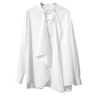 Amii2026春新款法式优雅通勤珠饰飘带立领衬衫女不对称荷叶边上衣