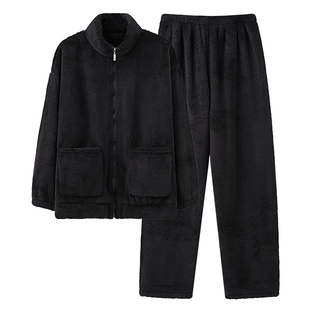 珊瑚绒男士睡衣秋冬加绒加厚青少年拉链冬天长毛绒宽松大码家居服