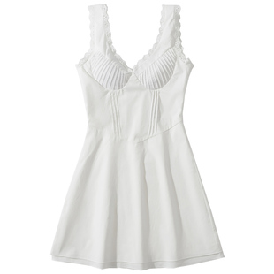 【包邮】法式花边镂空白色带胸垫吊带连衣裙女夏季收腰显瘦A字裙