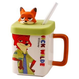 疯狂动物城方形马克杯正版联名高颜值陶瓷杯子家用带盖喝水吸管杯