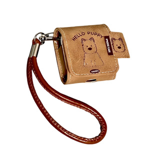 适用Airpods4耳机保护套皮质棕色线条狗狗苹果耳机套AirPods1/2代/pro3保护壳带挂绳airpods3代蓝牙耳机壳女