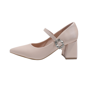 真皮~骄屿法式仙女风浅口单鞋女水钻粗高跟鞋一字带尖头玛丽珍鞋