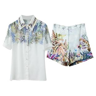 气质名媛2022裤子套装女夏季新款印花衬衫上衣高腰短裤时尚两件套