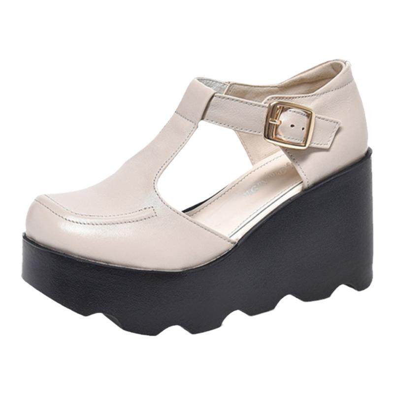 高跟厚底坡跟包头中空凉鞋2025夏新款真皮圆头休闲舒适女鞋皮鞋