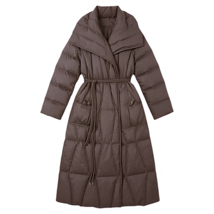 印象草原秋冬新款大翻领系带收腰羽绒服女中长款棕色气质保暖外套