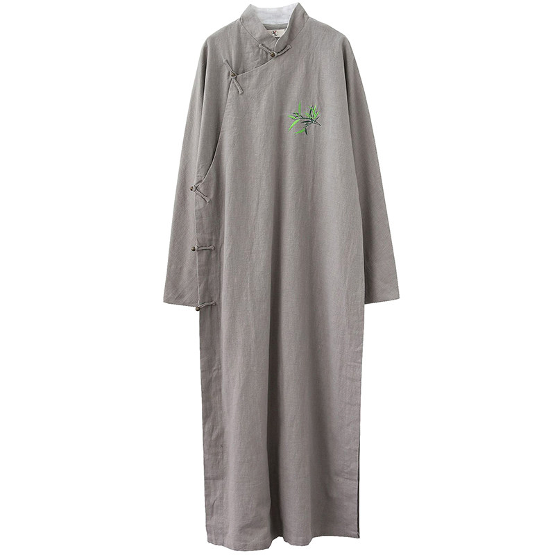 中国风民国长款长衫苎麻男装中式立领唐装古装长袍竹叶刺绣汉服潮