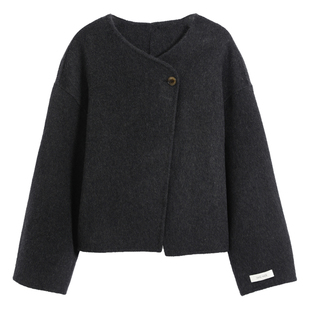 图曼朵深灰色双面呢羊毛大衣女短款冬韩版宽松圆领小香风毛呢外套