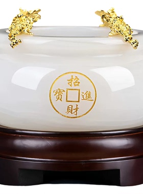 中式高端天然玉石聚宝盆摆件锦盒