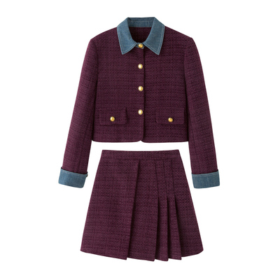 小香风两件套装裙短款拼接牛仔