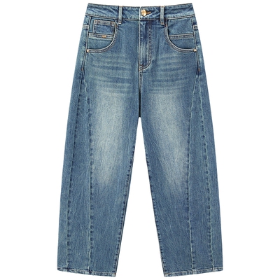 太平鸟高腰哈伦牛仔裤春季土耳其棉宽松显瘦锥形牛仔裤