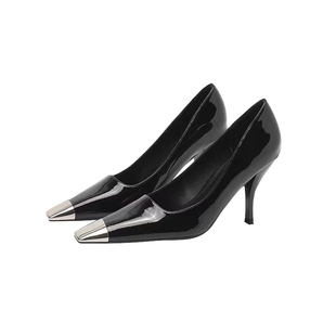 9thAve金属方头细跟后空性感时尚凉鞋女朴彩英同款黑色漆皮高跟鞋
