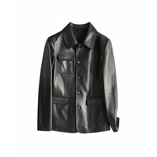 高端短款方领时尚个性贴袋工装风真皮绵羊皮小皮衣外套女2025秋季