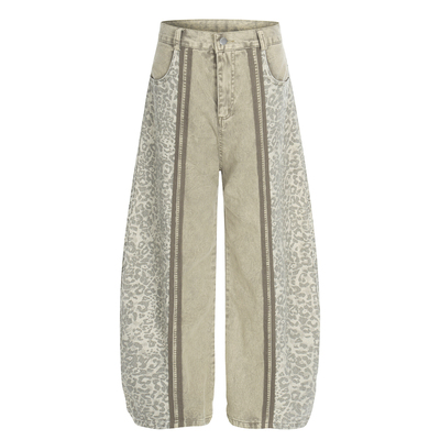 复古水洗磨毛拼接条纹豹纹牛仔裤