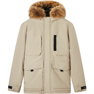 gxg.jeans男装卡其色秋冬款连帽保暖短款毛领羽绒服外套