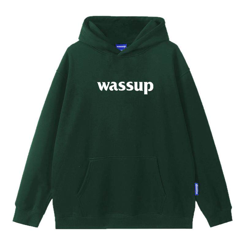 WASSUP潮牌墨绿复古印花卫衣连帽