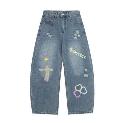 美式涂鸦破洞宽松弯刀牛仔裤女