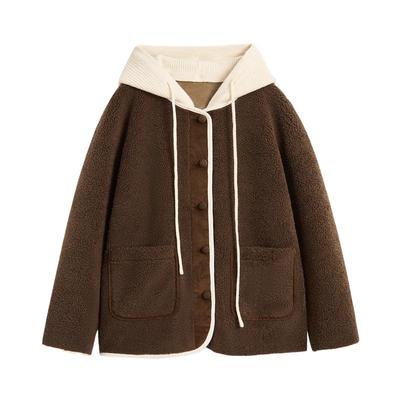 紫涵仿羊羔毛针织连帽短外套女2025冬季新款宽松摇粒绒单排扣上衣