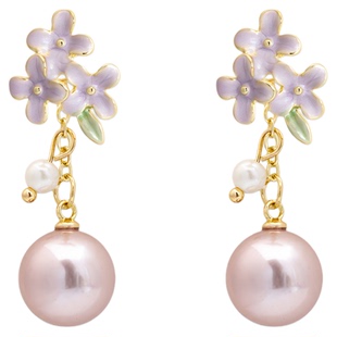 IPINK紫色滴釉珍珠耳环轻奢一款两戴花朵耳钉耳夹女精致温柔风