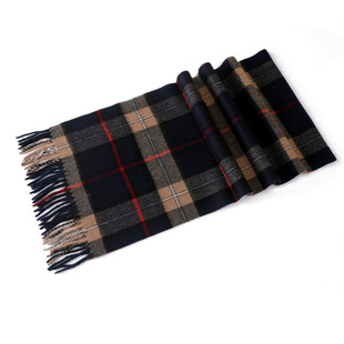 羊毛格子围巾男冬季短款条纹围脖女士韩版中老年蓝色保暖礼盒高档