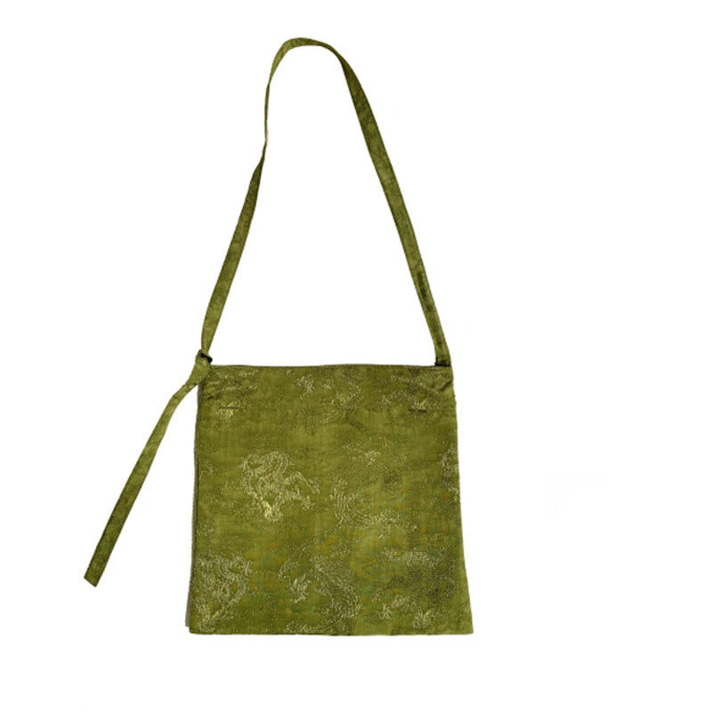 中式复古提花天丝亚麻黄绿色皮绳腋下包可调节斜跨单肩手提包女包