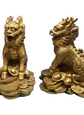 双角麒麟摆件铜坐麒麟一对招财