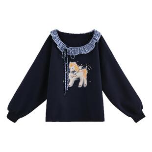 森女部落甜美风格子拼接设计感宽松卫衣女新款可爱独角兽长袖上衣