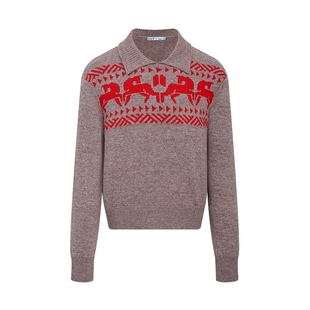 LILY2025冬新款羊毛混纺撞色小马几何提花费尔岛翻领针织衫毛衣女