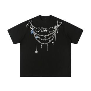 TIRED美式领圈项链印花300g双纱纯棉短袖t恤街头宽松上衣潮牌tee