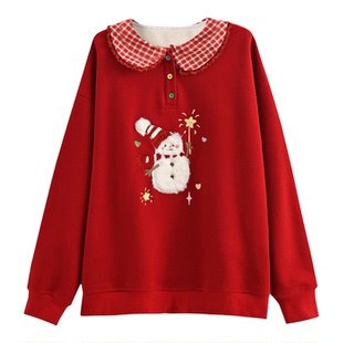 森女部落圣诞氛围感娃娃领加绒卫衣女新款刺绣红色显白宽松上衣冬