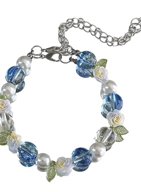 【蓝晶絮语】MIES油画晕染花朵手链女蓝白珍珠水晶串珠小众高级感