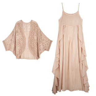 芳尘新款度假风吊带裙加开衫两件套女夏纯棉荷叶边长裙钩花外搭薄