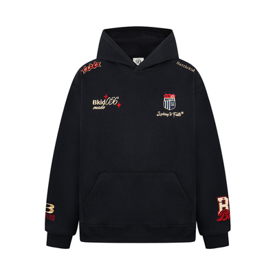 SREK新款美式复古徽章刺绣连帽卫衣男女宽松街头风黑色套头卫衣