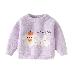 女童加绒毛衣秋冬婴儿针织衫女宝宝加厚雪尼尔半边绒上衣儿童衣服