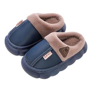 防水儿童棉拖鞋秋冬季男童女孩厚底防滑室内加绒保暖PU皮包跟棉鞋