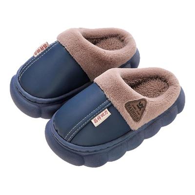 防水儿童棉拖鞋秋冬季男童女孩厚底防滑室内加绒保暖PU皮包跟棉鞋