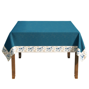 方桌桌布新中式餐桌布棉麻高级感蓝色麻布实木防水红木古典中国风