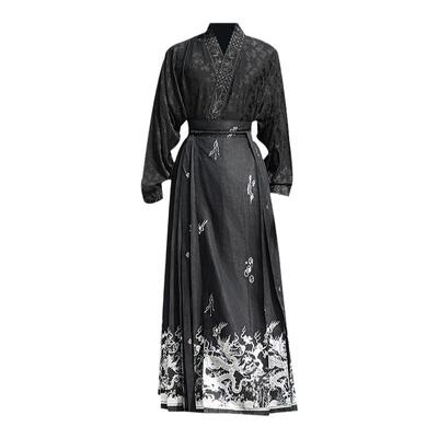 新中式男装国风黑色烫金马面裙套装明制交领长袖汉服男款龙纹套装