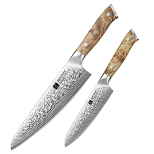 信作大马士革钢菜刀两件套专业厨师刀厨房料理刀具万用刀切肉刀