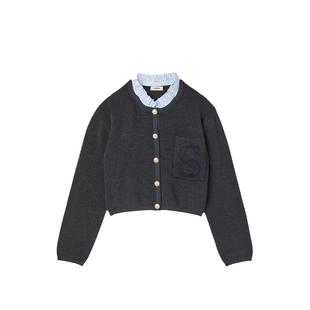 SANDRO秋冬女装法式时尚优雅灰色可拆卸花边领S刺绣短款针织开衫