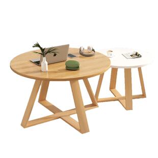 圆形茶几实木简约组合装客厅家用原木奶油风卧室小圆桌子阳台茶桌