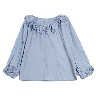 利达 NEW DADADA【海盐花边】蓝色一字领衬衫女长袖宽松露肩上衣